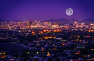 phoenix skyline at night with full moon